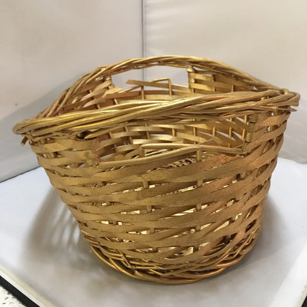Woven Wicker Basket Home Decor OS Gold Metallic Oval Handled Storage Holiday